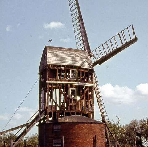 Historic image of bocking windmill showing a side view with a damaged windmill