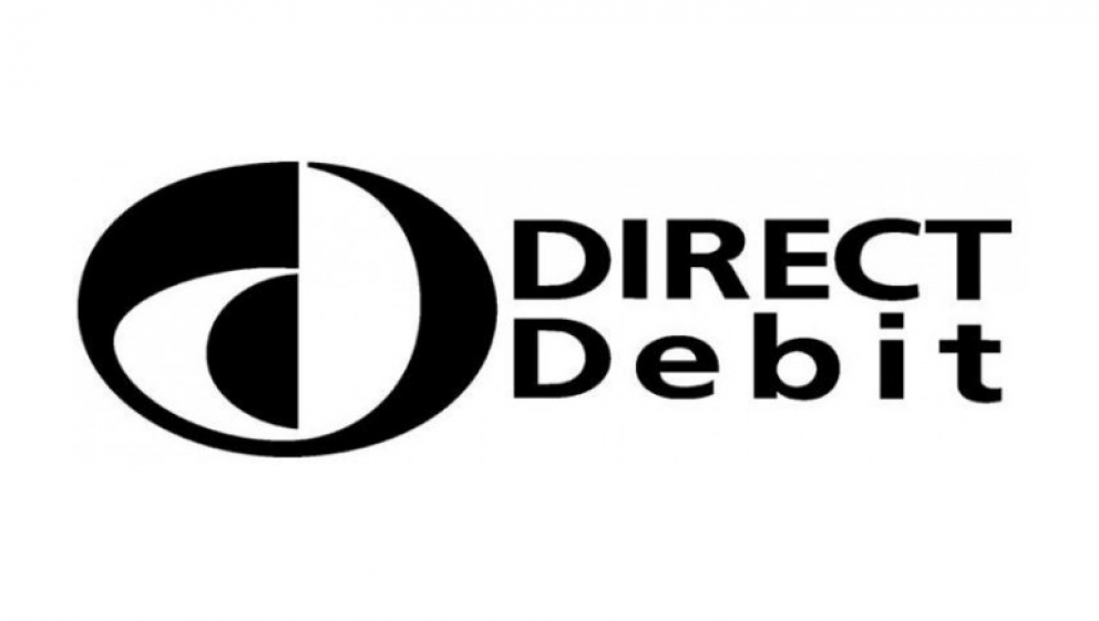Black and white direct debit logo with text that says direct debit