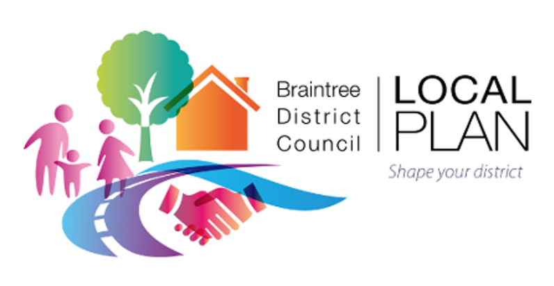 Abstract graphic containing a house, tree, road, handshake and people. With the text Braintree District Council, Local Plan, Shape your district