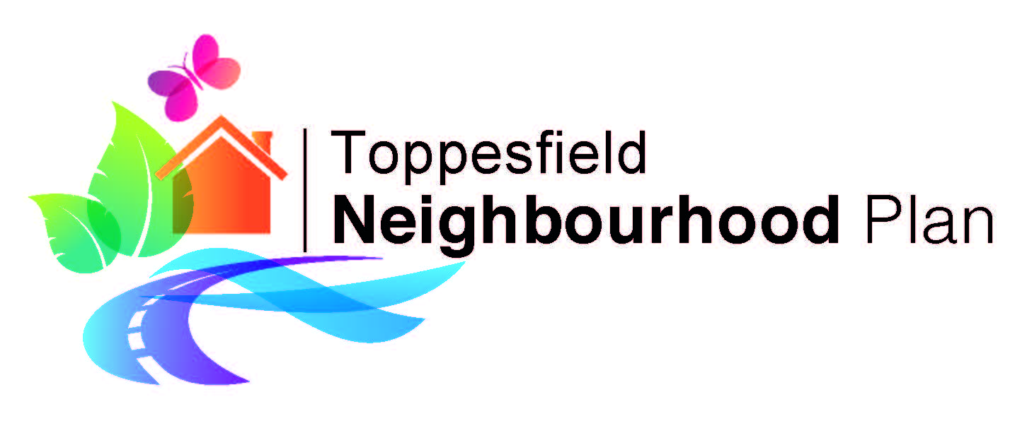 Text saying Toppesfield Neighbourhood plan with abstract graphic of a house, road and leaf