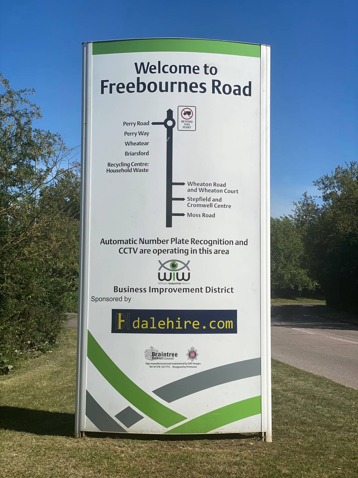 Sign on the outskirts of Freebournes Road, Witham