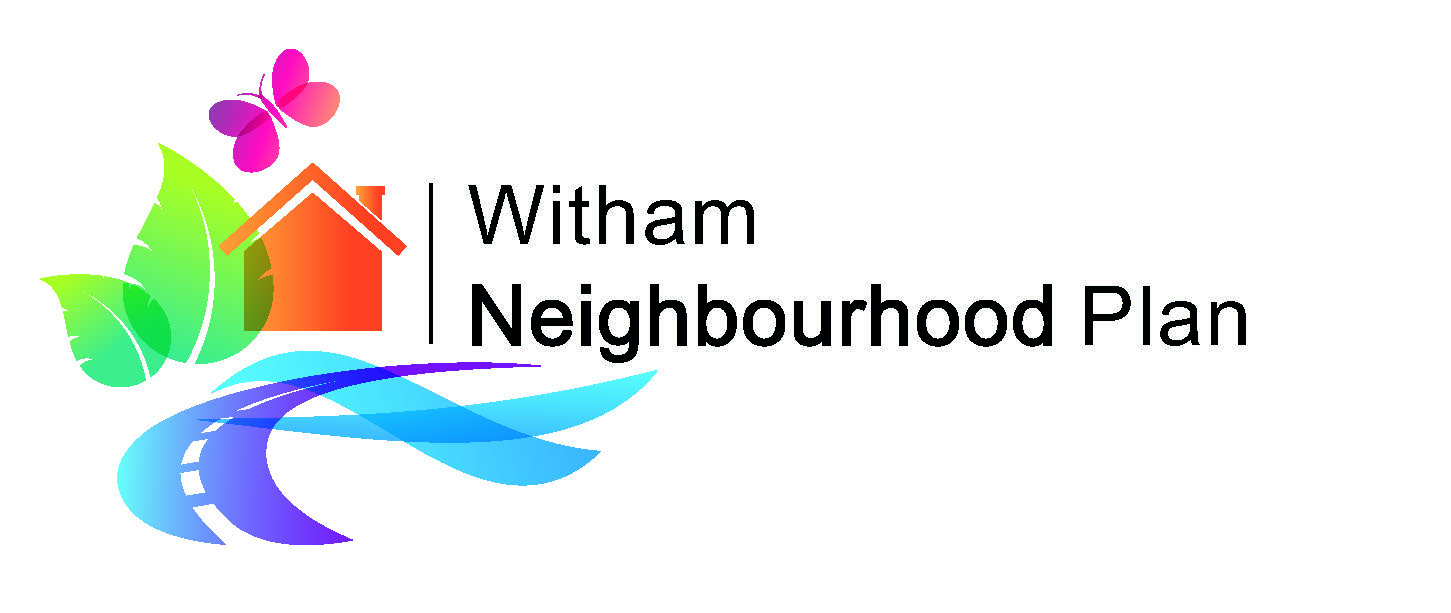 Text sayingWitham neighbourhood plan  with abstract graphic of a house, road and leaf