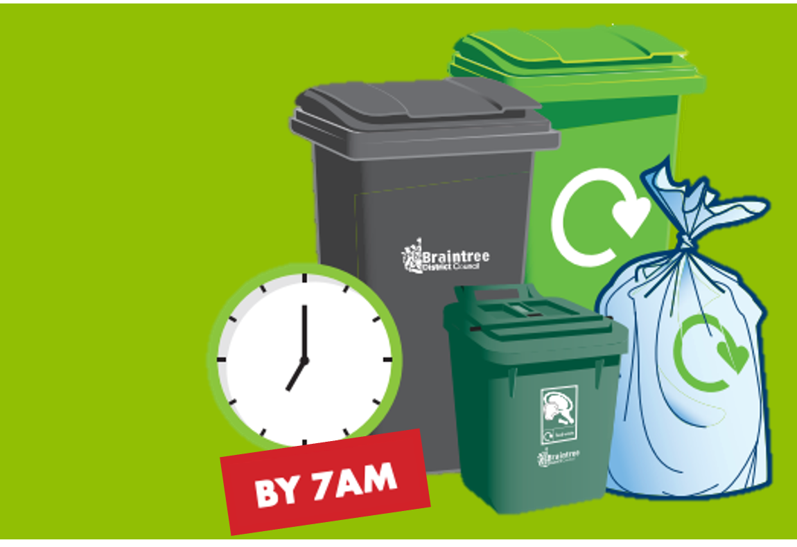 Graphic of the bins we collect a black wheelie bin, a clear recycling sack, a small dark green food bin and light green garden waste bin with a clock showing 7 o'clock for collection times