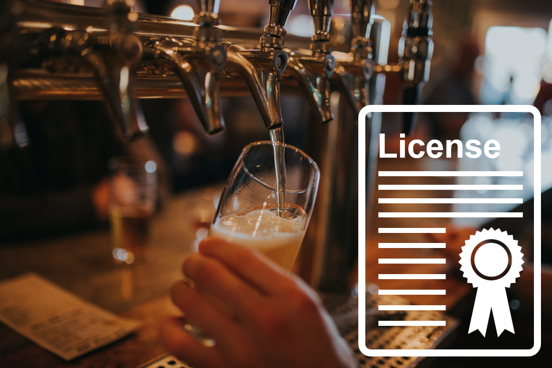 Photo of a pub with a graphic of a license certificate
