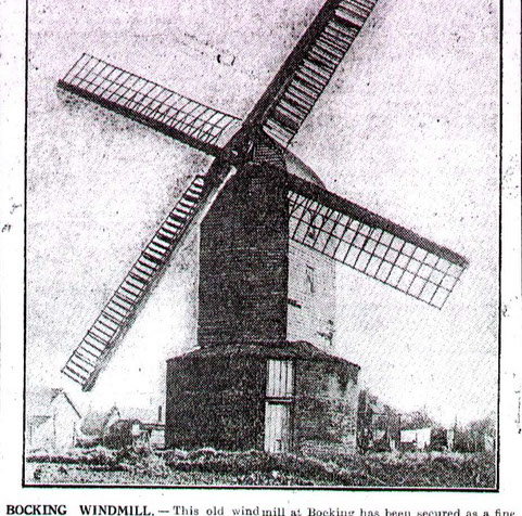 Black and white historic image of bocking windmill from the front