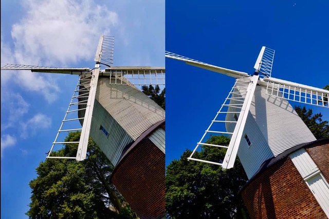 2 shots of bocking windmill from the bottom looking up