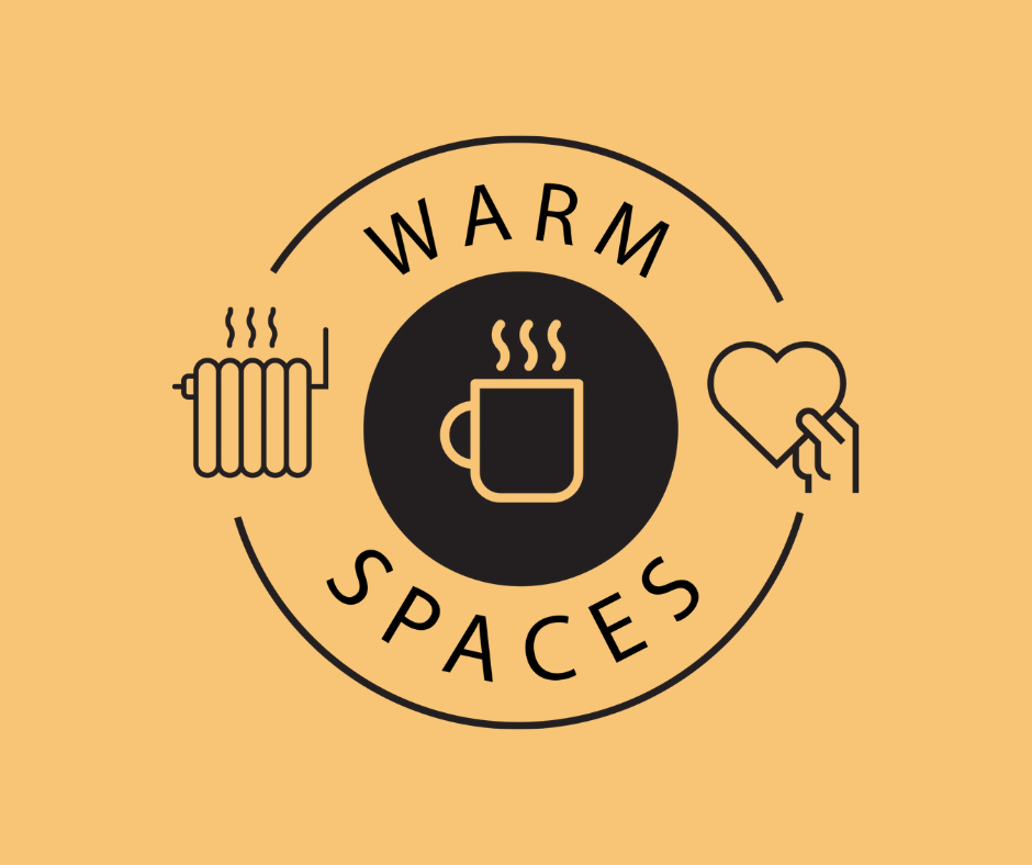 Warm spaces logo with a radiator, mug and a hand holding a heart.