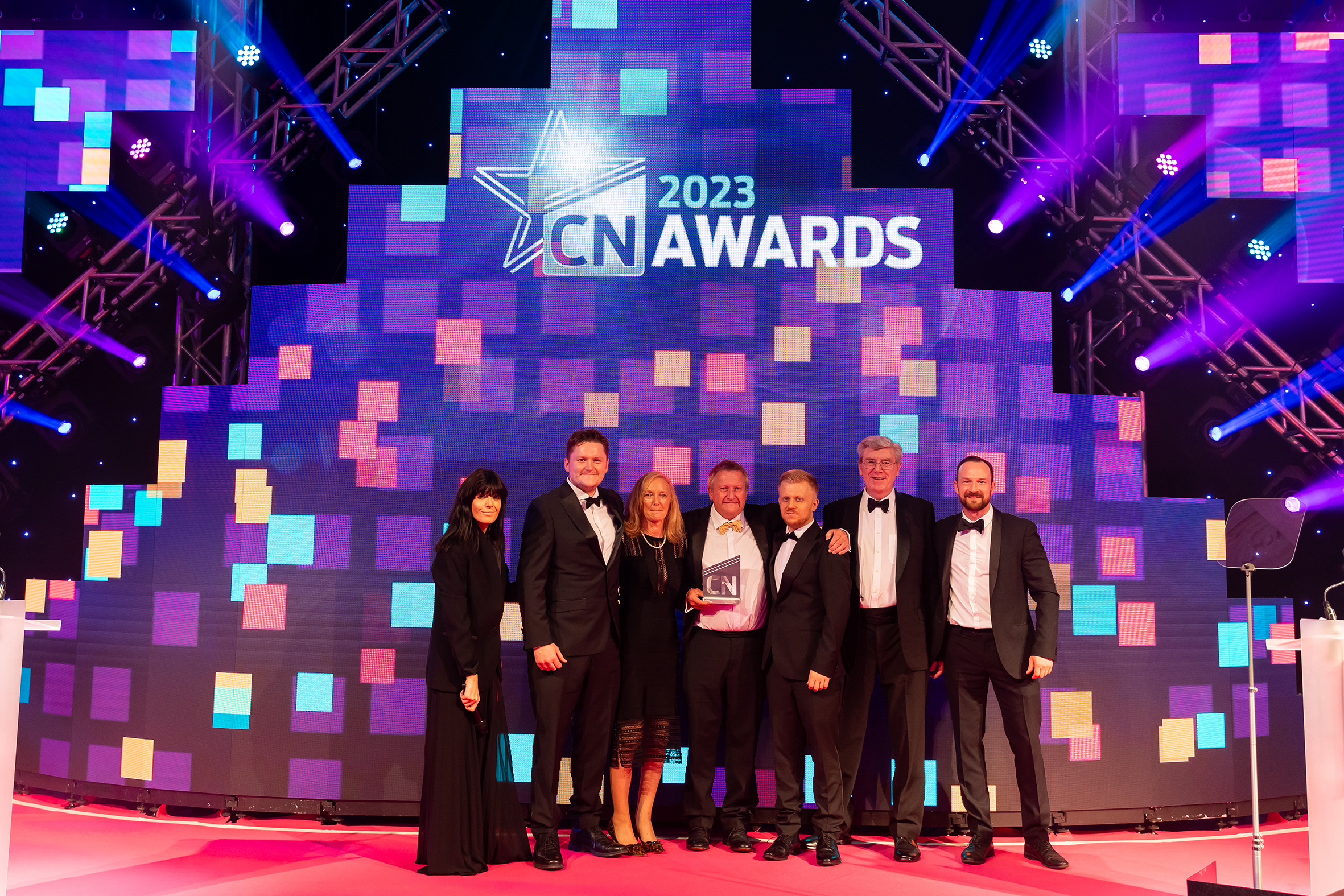 Jonathan Forbes-Brown and Joshua Forbes-Brown from Imperial Thermal Engineering receiving their award at the 2023 Construction News Awards ceremony