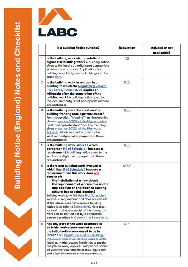 Decorative thumbnail image for Building notice england notes and checklist download