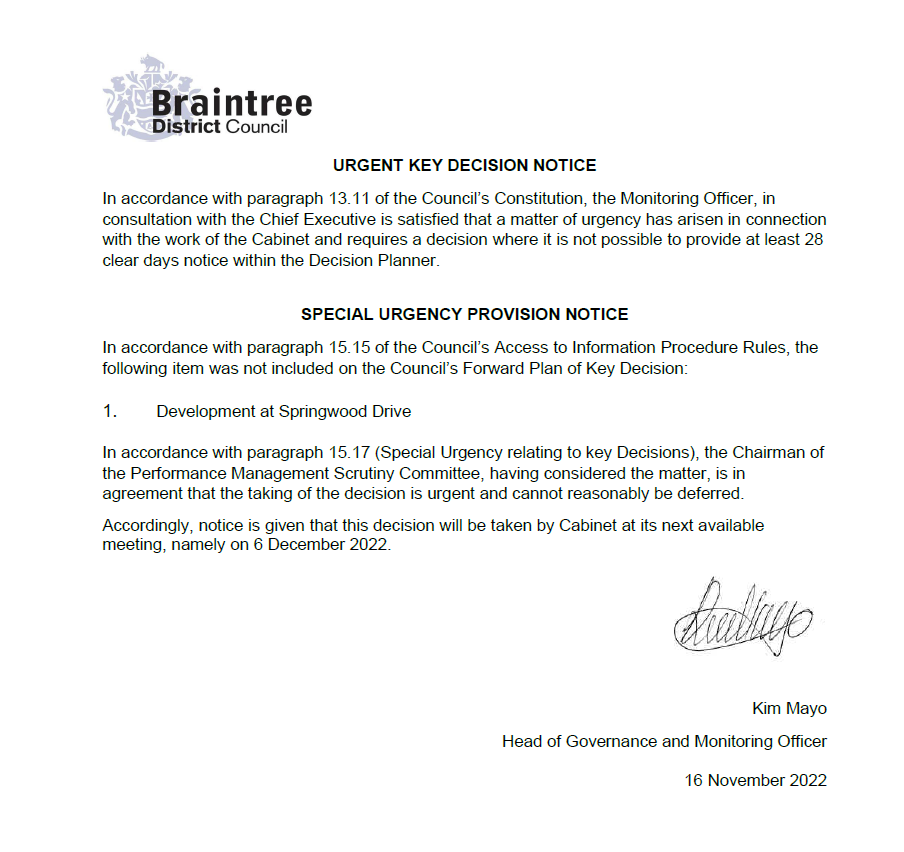 URGENT KEY DECISION NOTICE