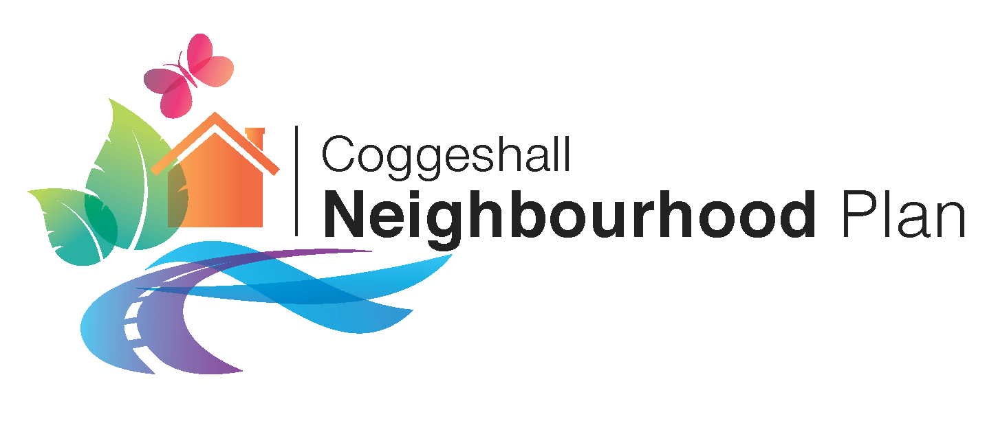 Text saying Coggeshall Neighbourhood plan with abstract graphic of a house, road and leaf