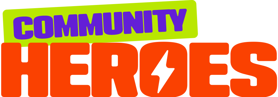 Community heroes logo in black and red text, with a white border around an image of Denise from Hoppit Mead nature reserve volunteers