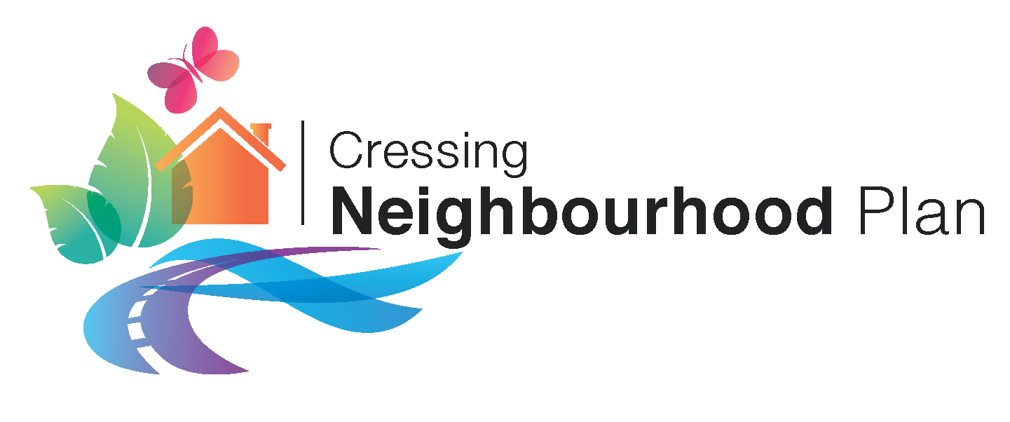 Text saying Cressing Neighbourhood plan with abstract graphic of a house, road and leaf