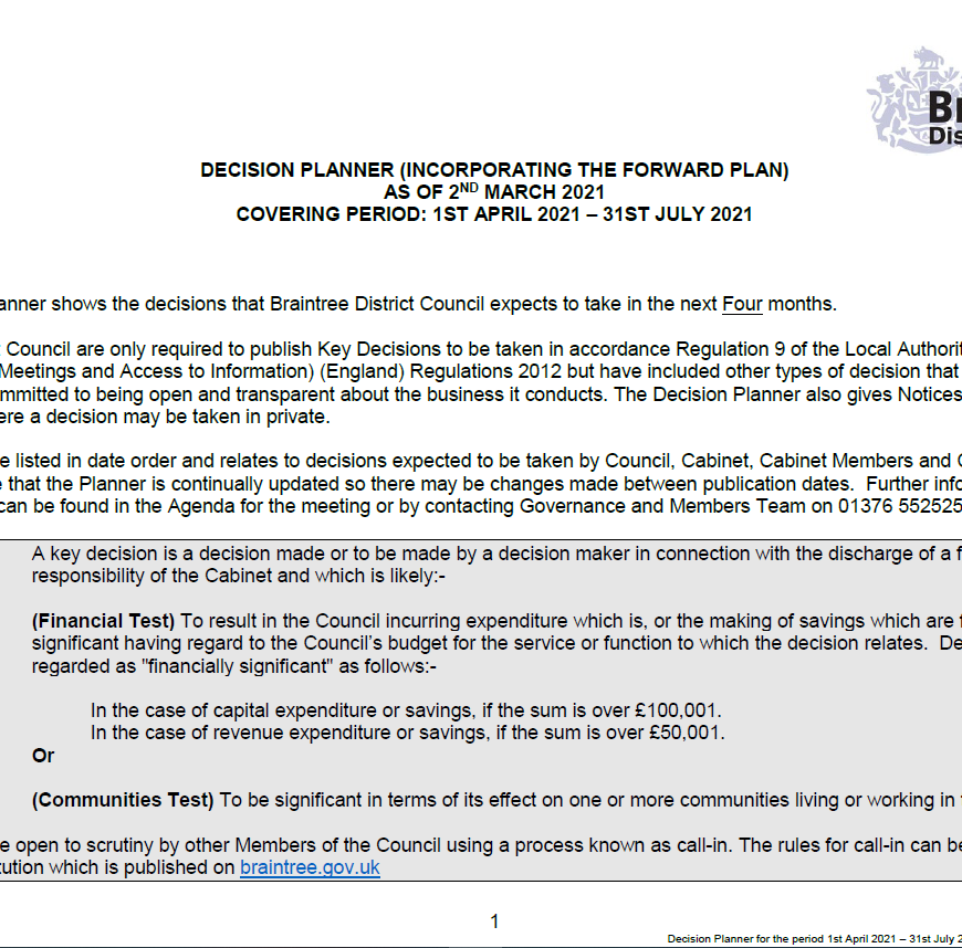 Decorative thumbnail image for Decision planner for the period 1 April 2021 to 31 July 2021