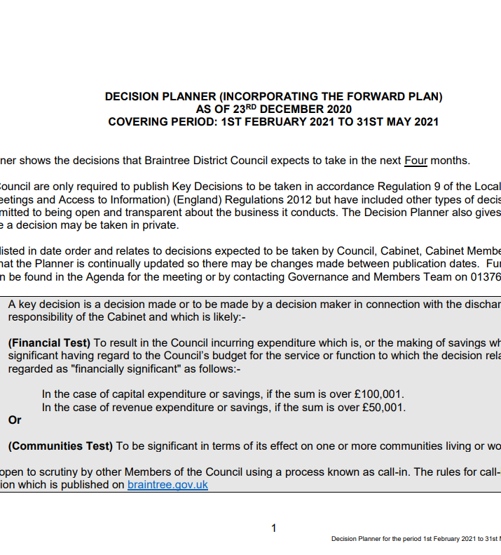 Decorative thumbnail image for Decision planner for the period 1st February 2021 to 31st May 2021
