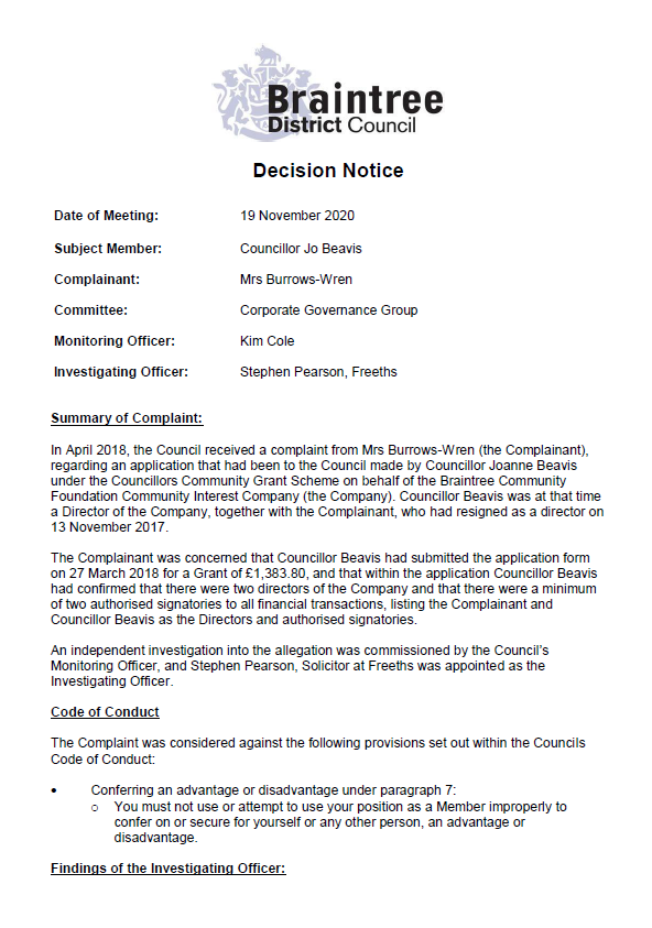 Decorative thumbnail image for the decision notice for councillor beavis 