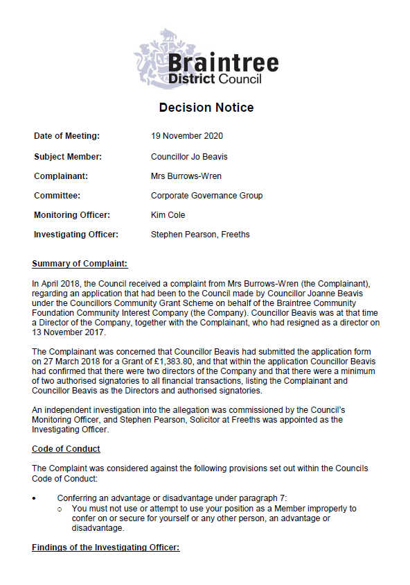 Decorative thumbnail image for the decision notice for councillor Beavis 