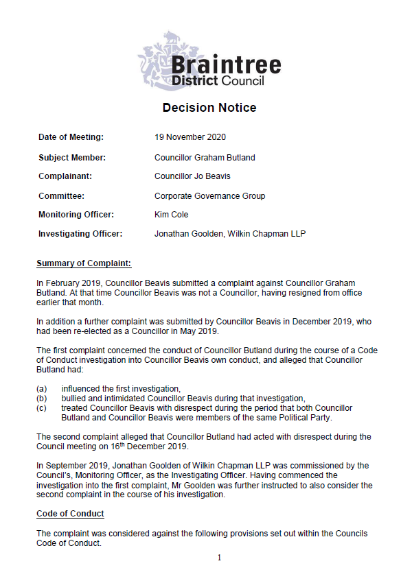  Decorative thumbnail image for the decision notice for councillor Butland