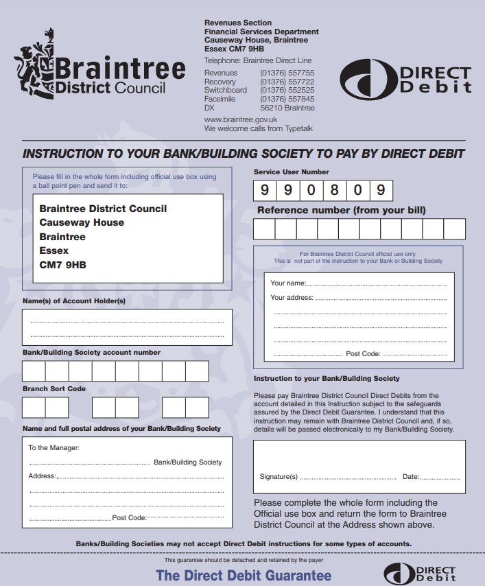 Direct Debit Form Braintree District Council Direct Debit Form Braintree District Council