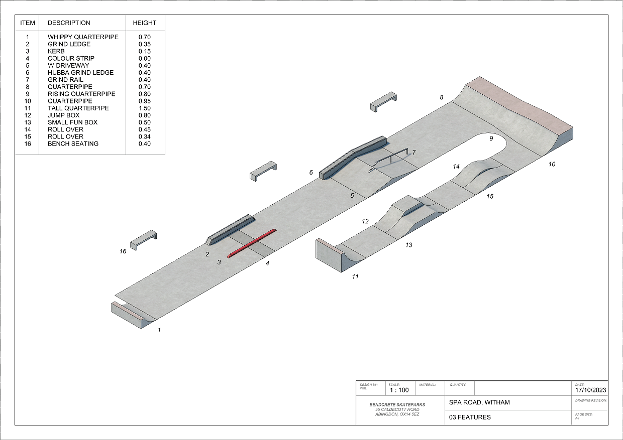 A skate park design showing rails, half pipes and other features