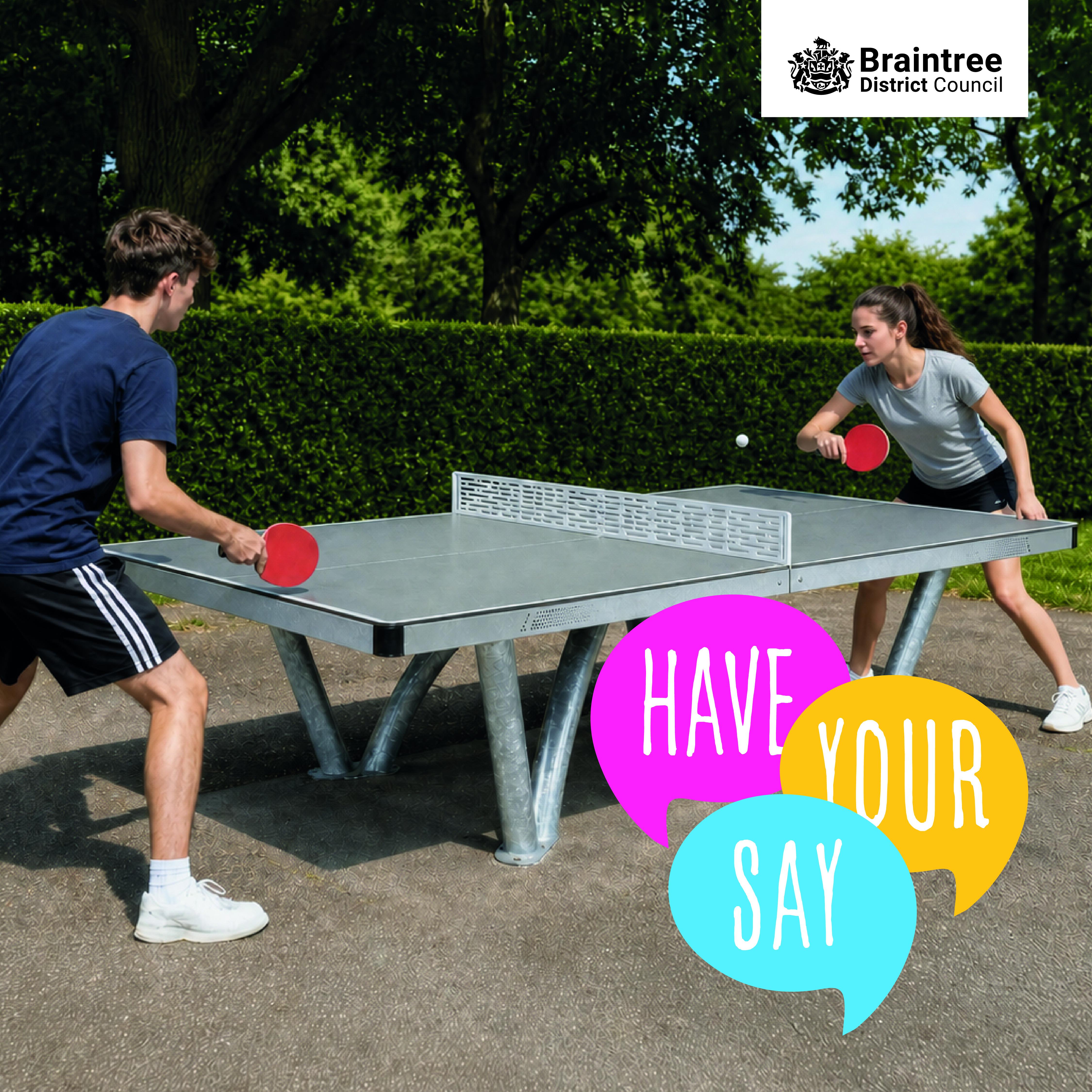 image shows artist's impression of two adults playing table tennis outside