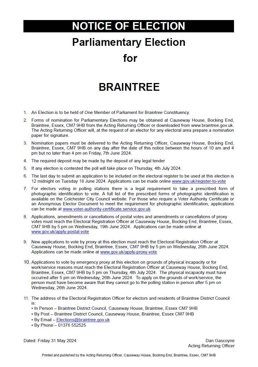 image of document for general election notice Braintree and Witham 2024