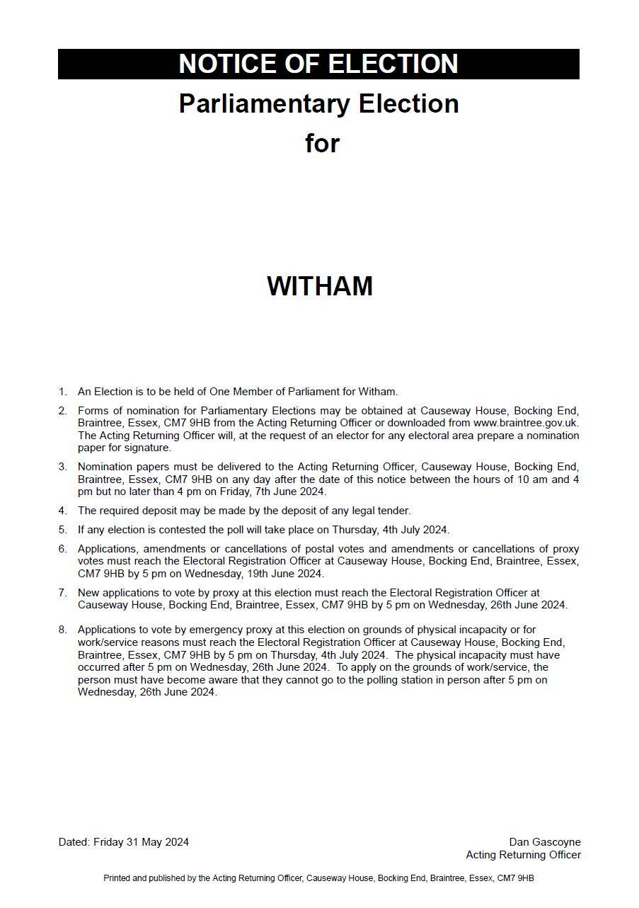 Document detailing the notice of parliamentary election for Witham 2024