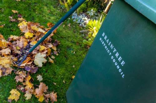 Garden waste bin with leaves and rake