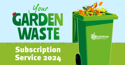 A green bin with leafs inside next to text which says subscription service 2024