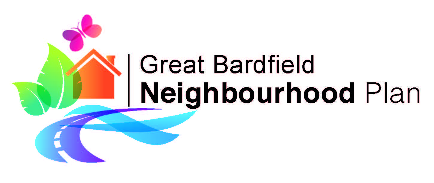 Text saying Great Bardfield Neighbourhood plan with abstract graphic of a house, road and leaf