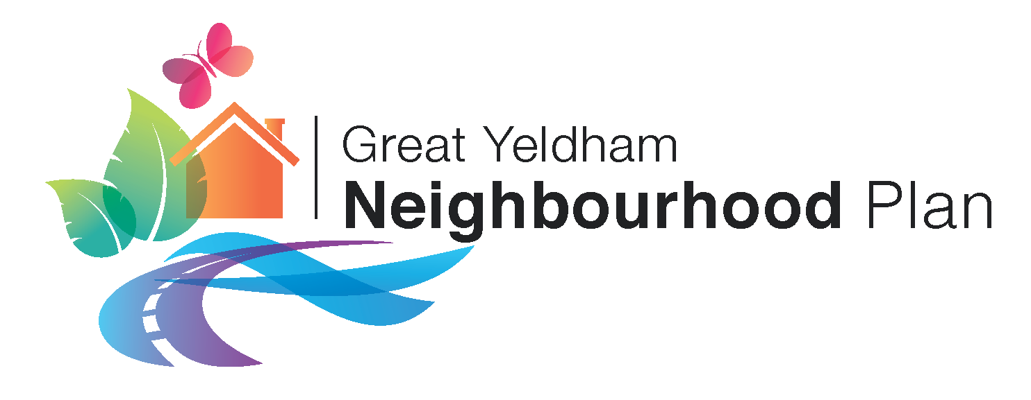 Text saying Great Yeldham Neighbourhood plan with abstract graphic of a house, road and leaf