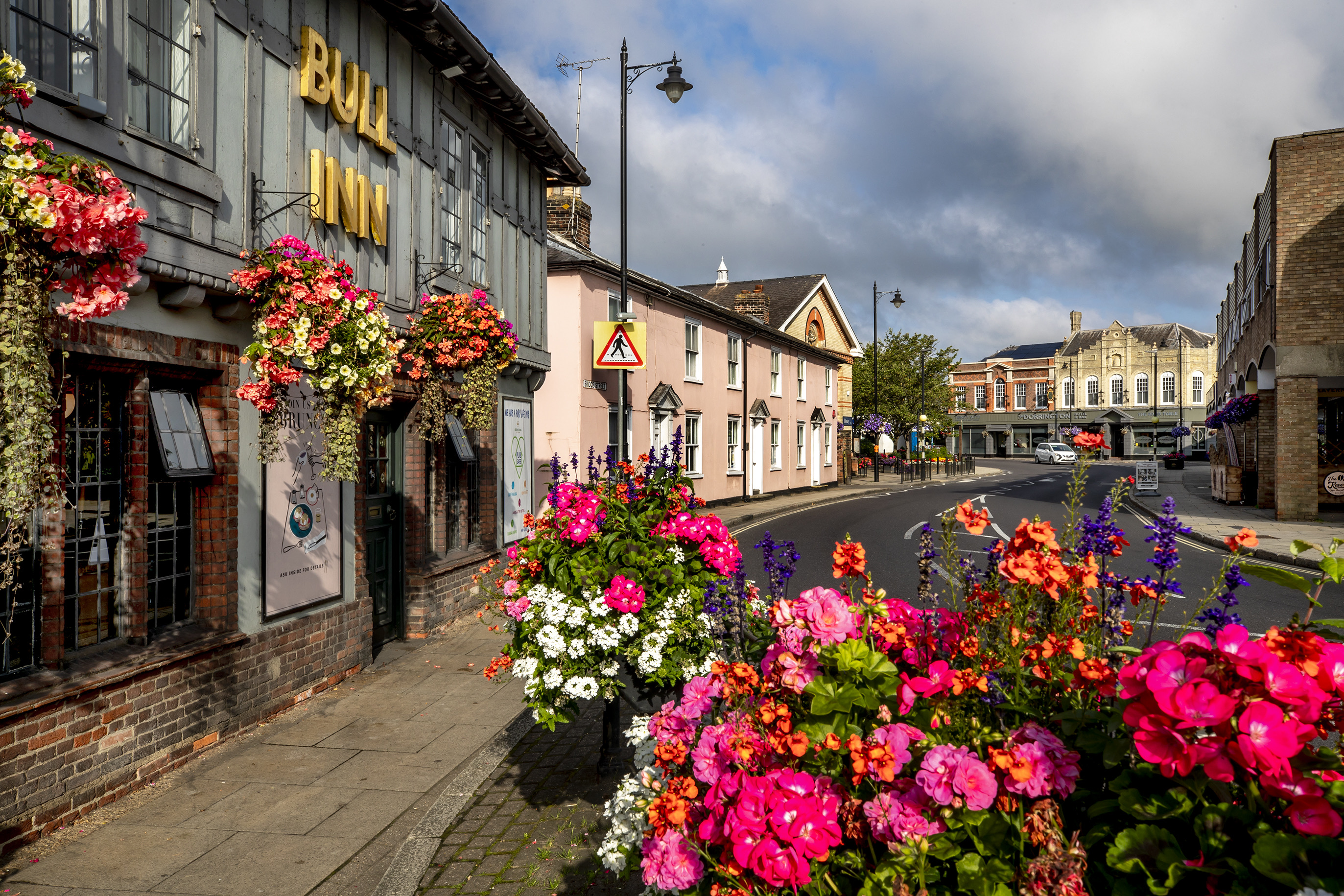 A photo of a road with flowers and buildings - Image