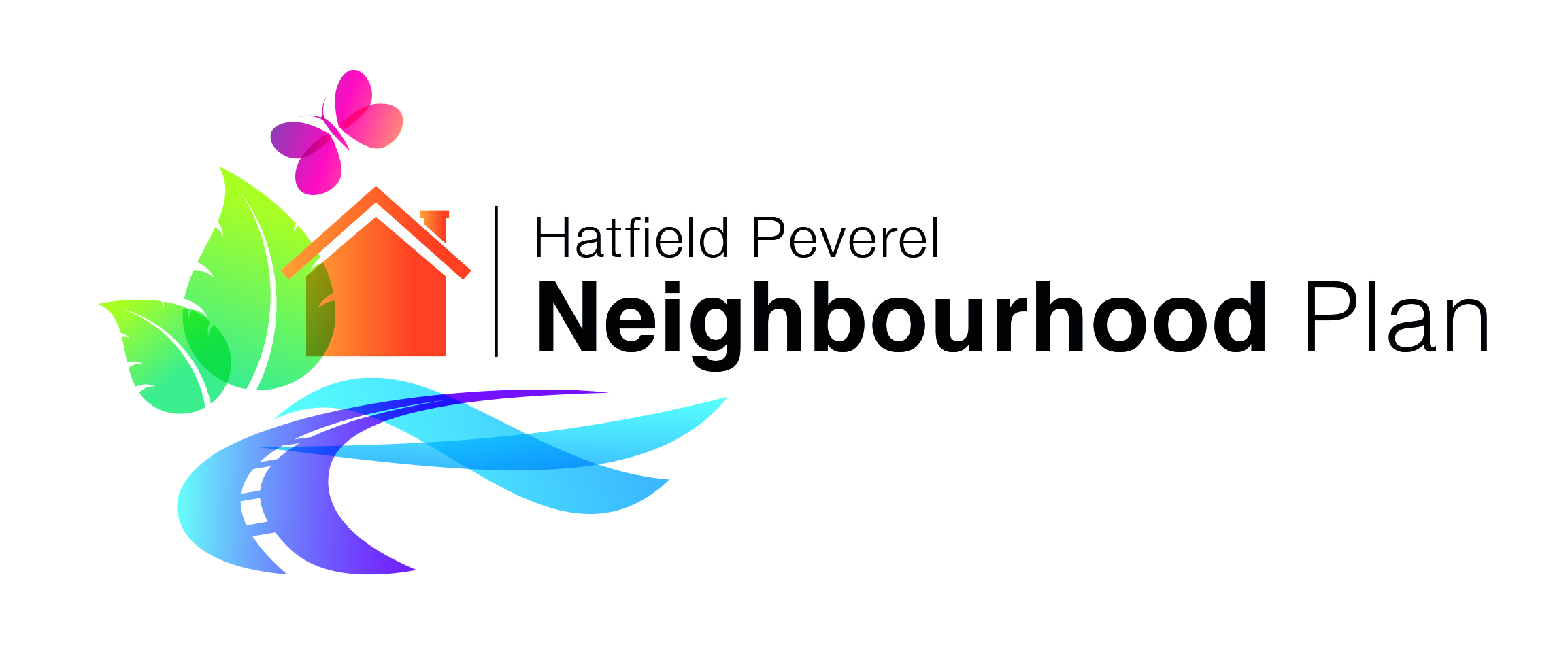 Text saying Hatfield Peverel Neighbourhood plan with abstract graphic of a house, road and leaf