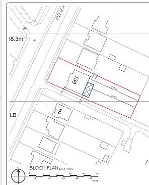 Site and block plan image from birds eye view showing proposed addition with a red outline