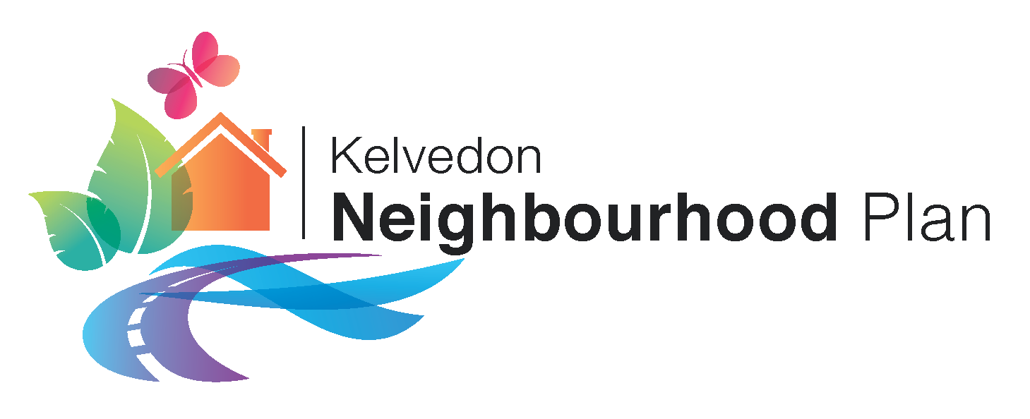 Text saying Kelvedon Neighbourhood plan with abstract graphic of a house, road and leaf