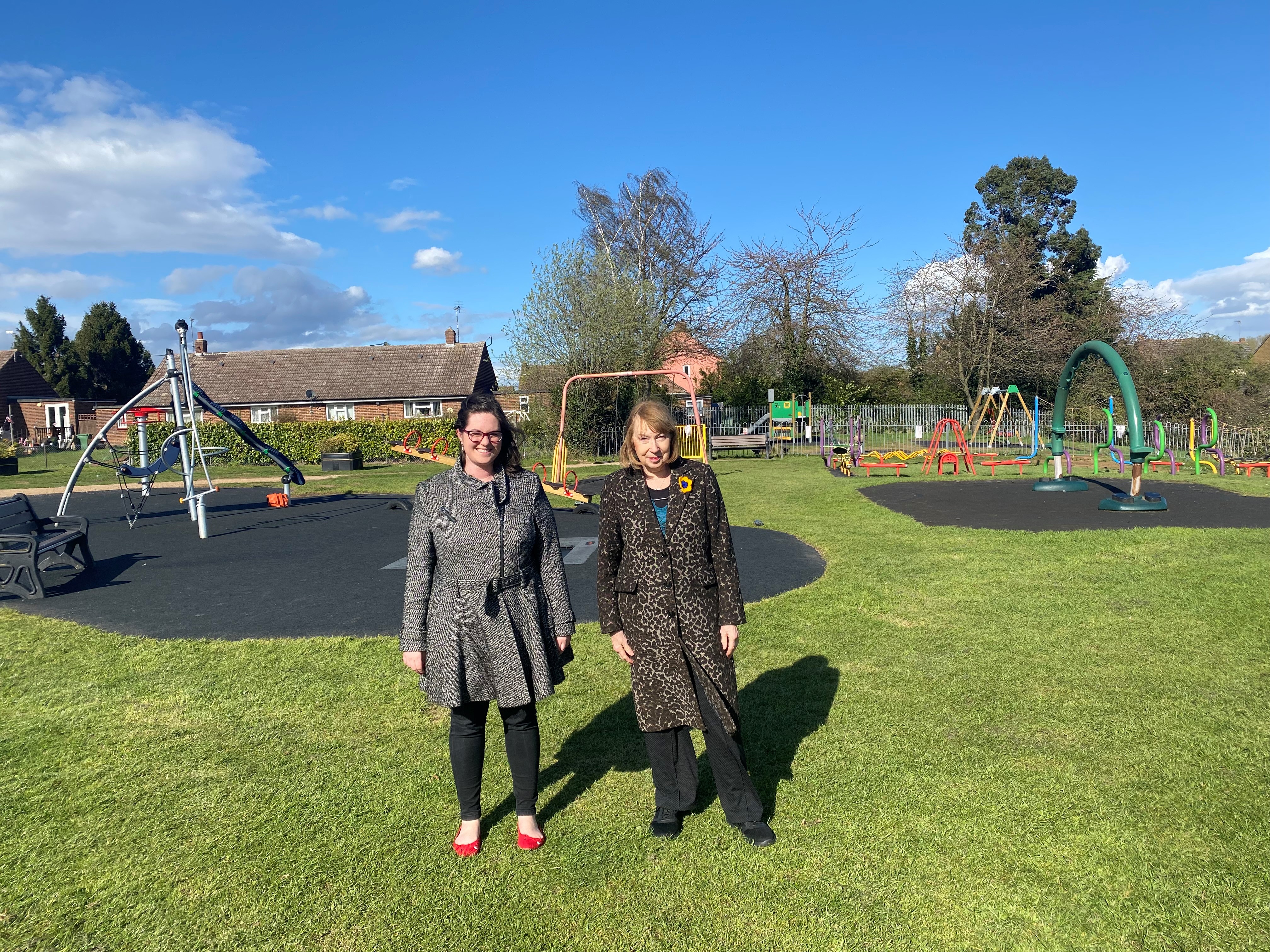 Kelvedon Recreation Ground with Chair of Kelvedon Parish Council and Cabinet Member for Planning and Infrastructure at Braintree District Council standing in the play area -  Image