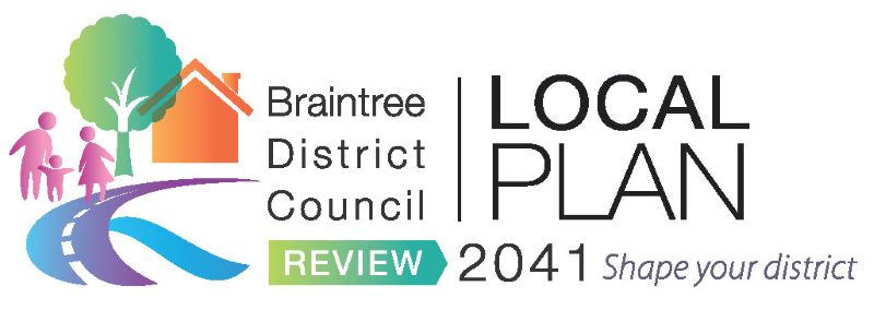 Abstract graphic containing a house, tree, road and people. With the text Braintree District Council, Local Plan, Shape your district, Review 2041