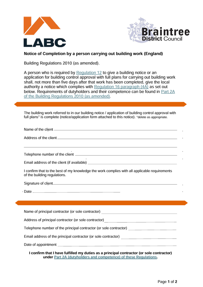 Notice of completion by a person carrying out building work