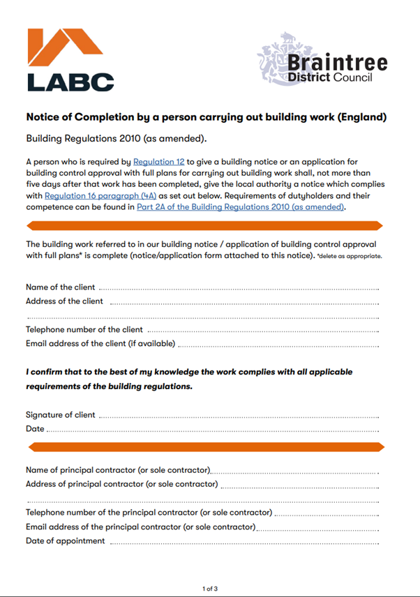 Notice of Completion by a person carrying out building work – Braintree ...