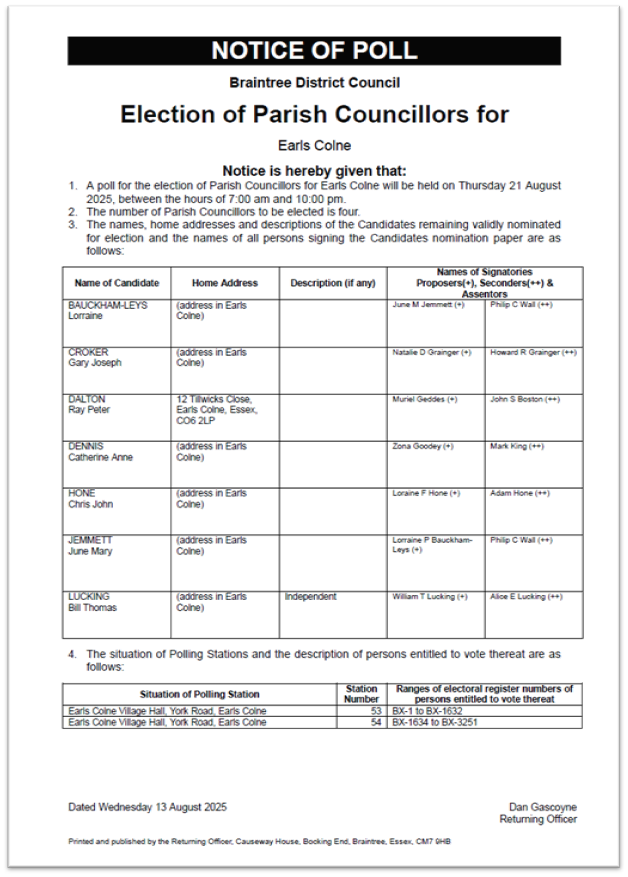Decorative thumbnail image for Notice of poll earls colne download