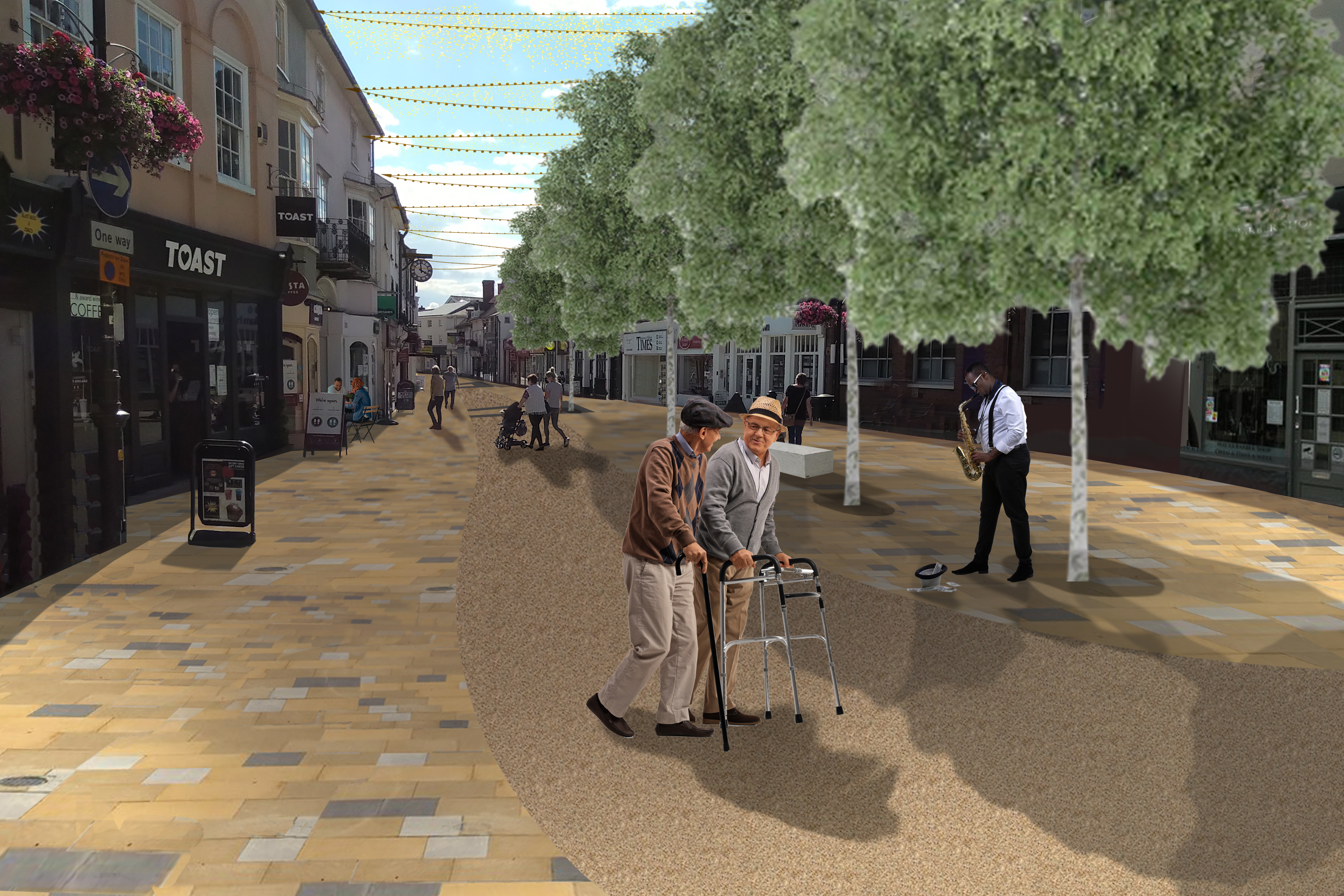 Concept design for how a pedestrianised town centre will look. It shows a fully paved high street with people walking along it.