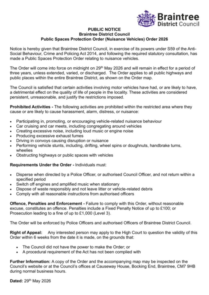 Pubilc notice 29 may 2026 pspo nuisance vehicles order 2026 front page preview