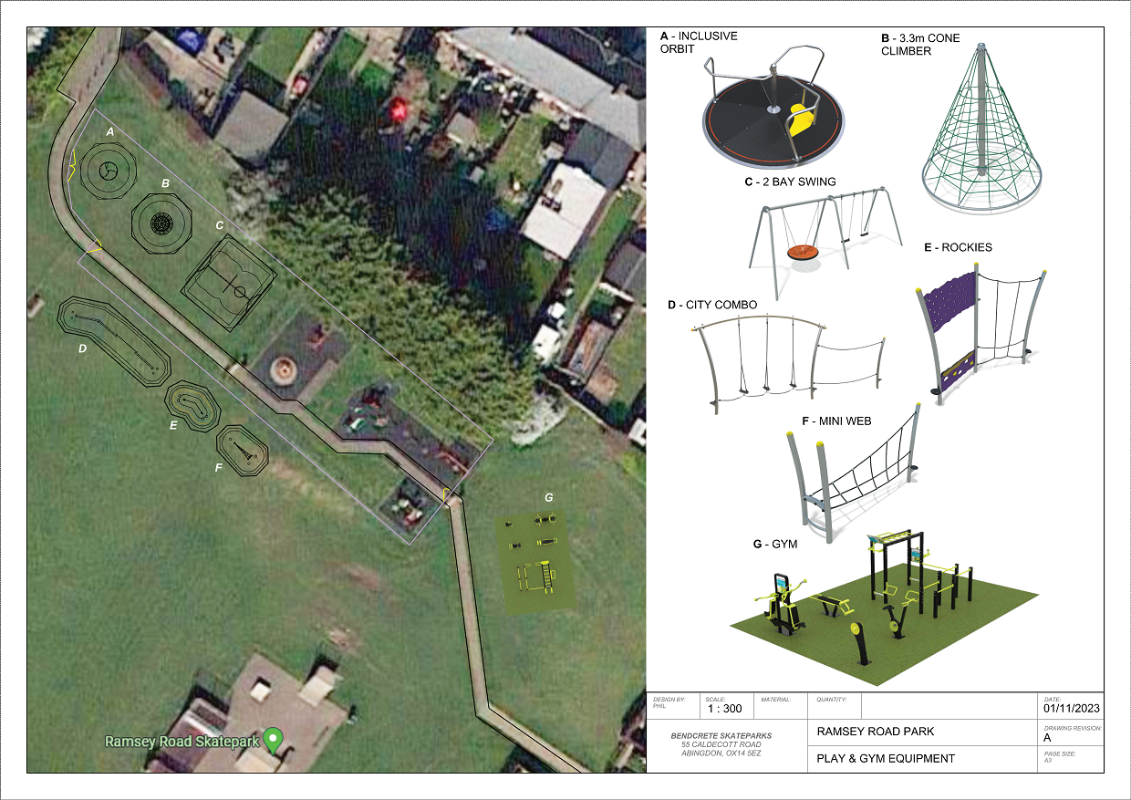 A birds eye view of Ramsey road recreation ground including features such as swings and climbing frames