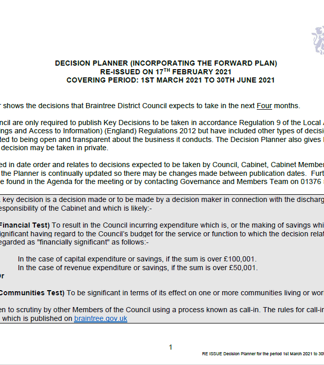 Decorative thumbnail image for Re issue decision planner for the period 1st march 2021 to 30th june 2021