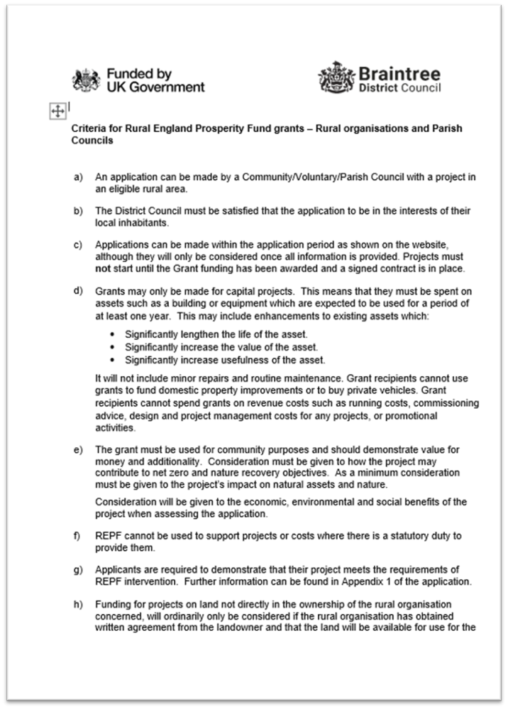Decorative thumbnail image for Criteria for rural england prosperity fund grants rural organisations and parish councils