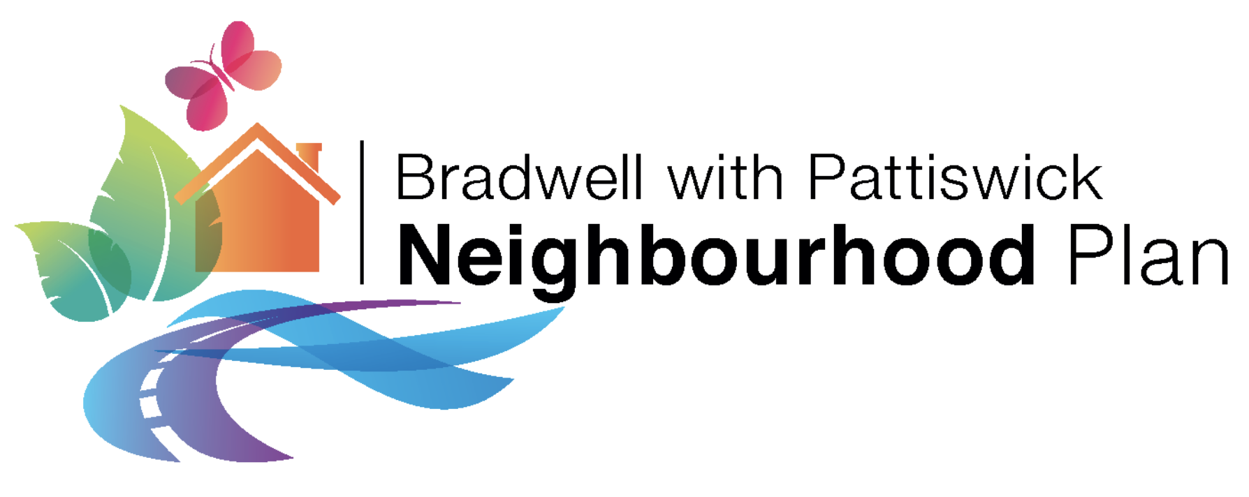 Text saying Bradwell with pattiswick Neighbourhood plan with abstract graphic of a house, road and leaf