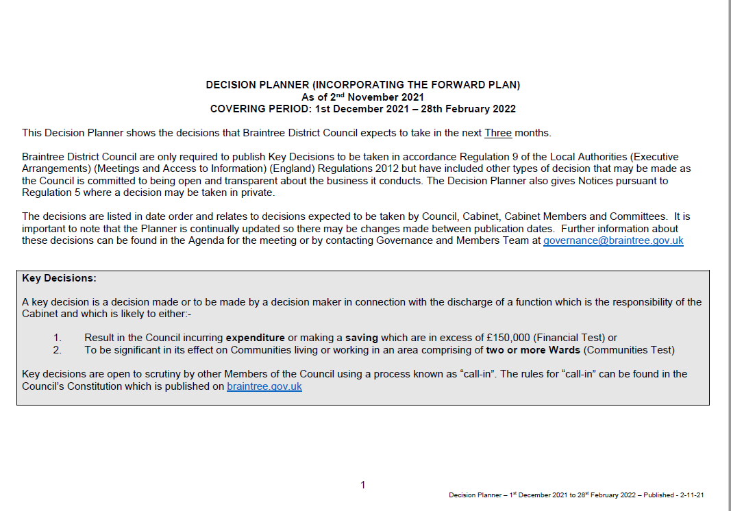 Decision Planner 1 December 2021 to 28th February 2022