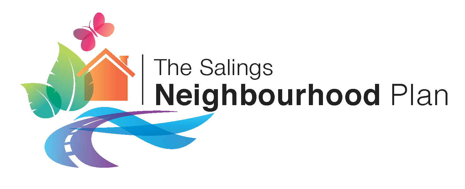 Text saying The Salings Neighbourhood plan with abstract graphic of a house, road and leaf