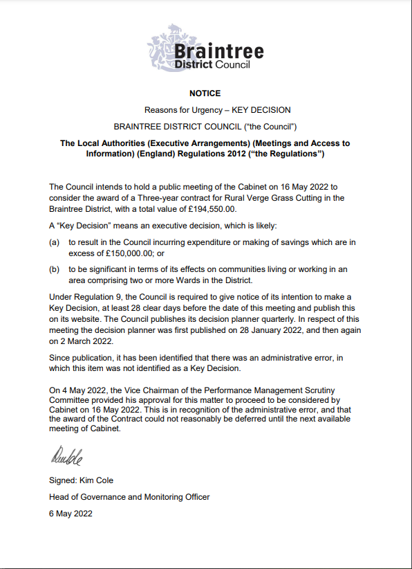 Decorative thumbnail image for Urgent key decision for consideration of a three year contract for rural verge grass cutting in the braintree district