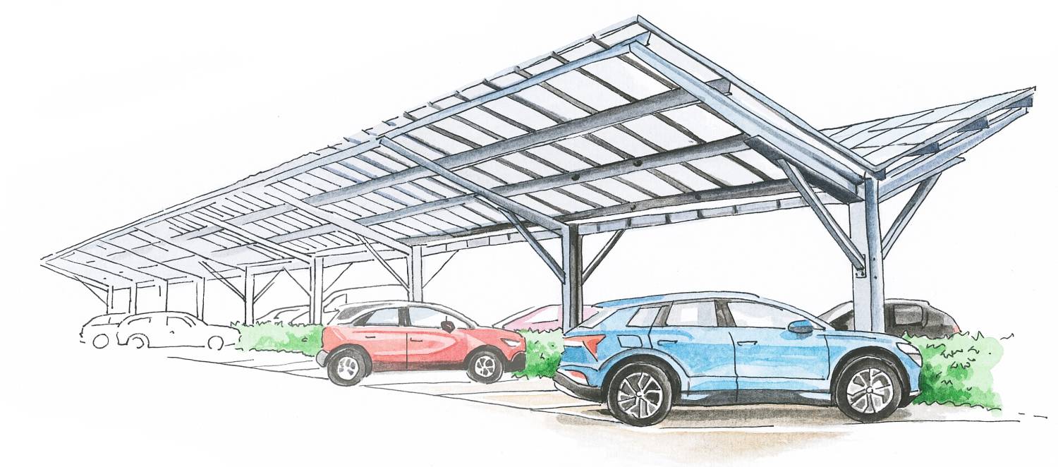 An illustration of a gull wing solar panel canopy with cars parked underneath
